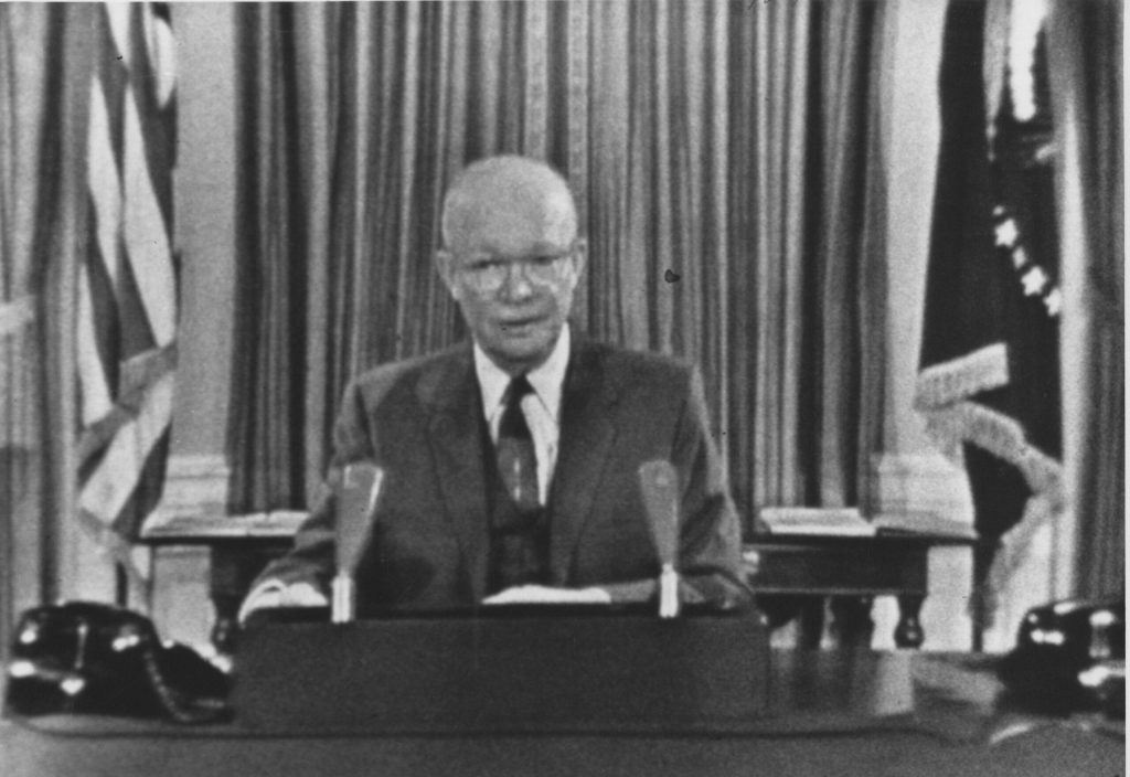 Still of President Eisenhower delivering farewell address.
