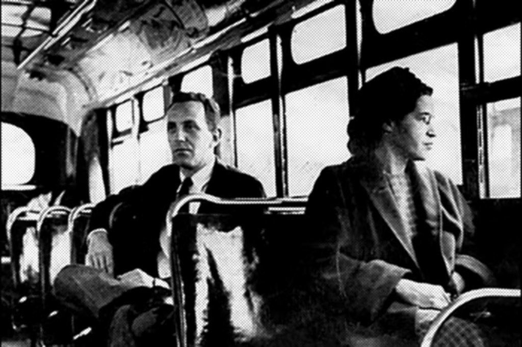 Black and white photo of Rosa parks seated on a bus, looking out the window, with a man seated behind her.